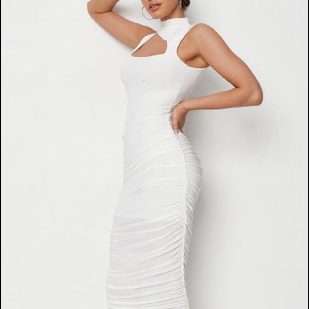 white slinky double layered high neck cut out midaxi dress